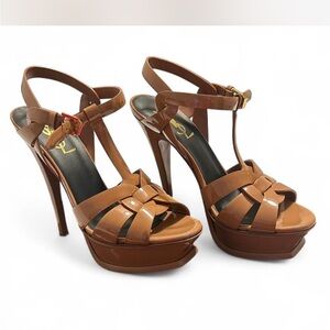Authentic YSL Saint Laurent Tribute High Heel Sandals W Platform Camel/Tan